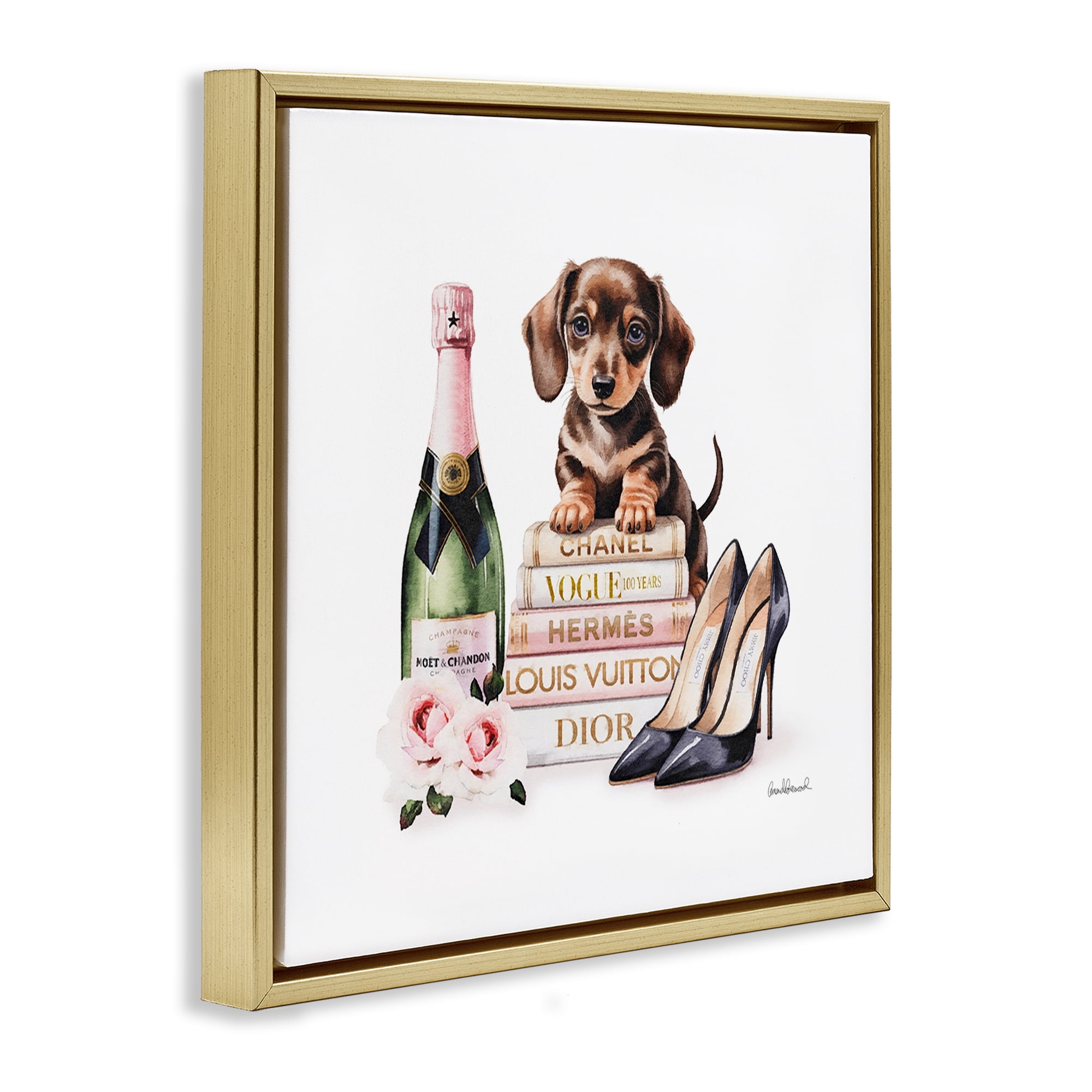 Stupell Industries Luxury Books & Puppy Gold Framed Floater Canvas Wall Art, design by Amanda Greenwood