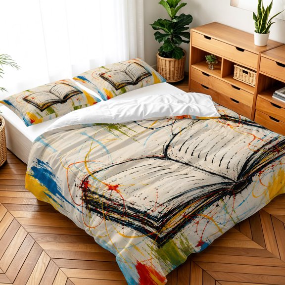 Queen Size 3 Pieces Duvet Cover Sets Abstract Open Book Bedding Set,Microfiber Soft Comforter Cover with Pillow Shams,Luxury Quilt Covers for Bedroom Decor Yellow Blue Ink Splatters