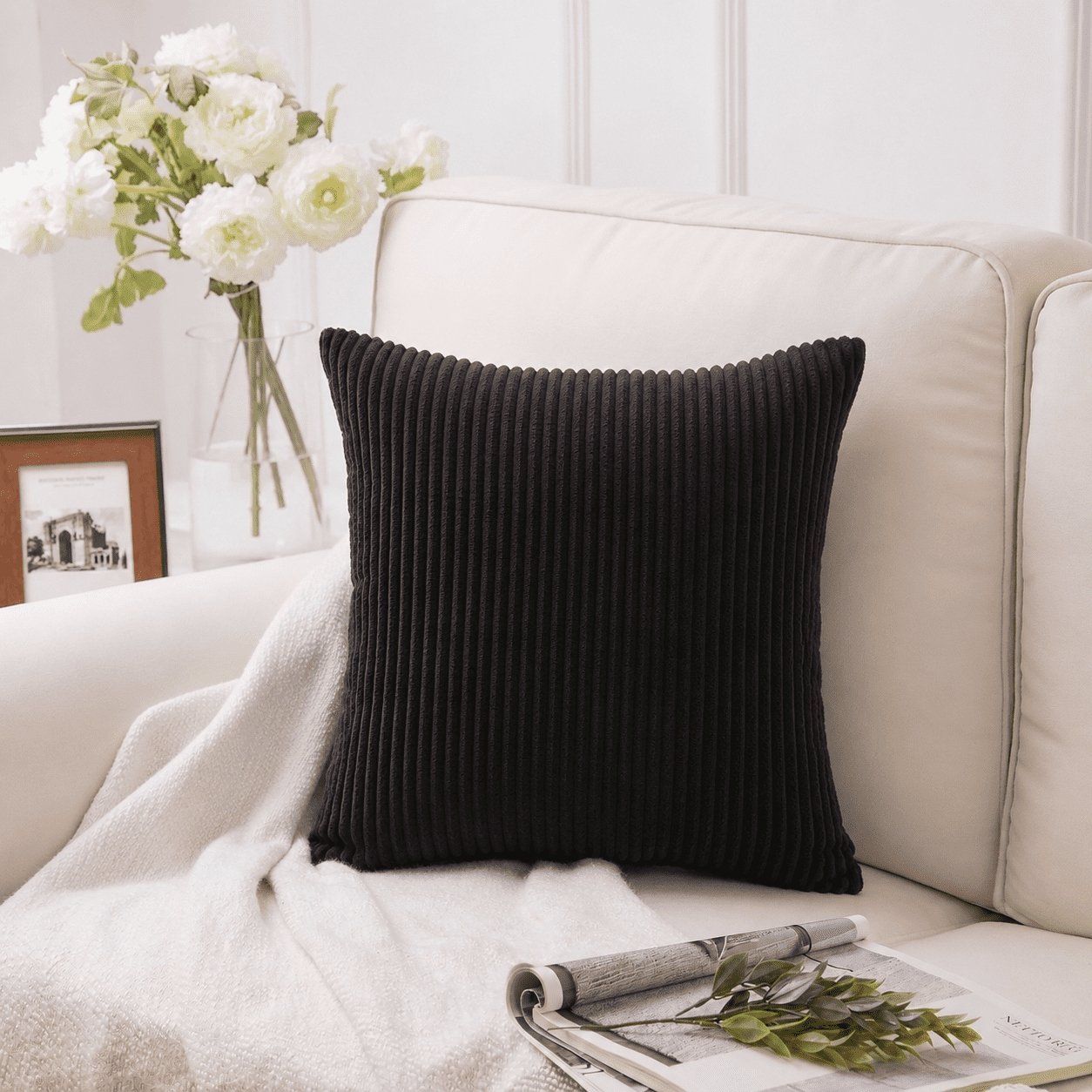 Phantoscope Soft Corduroy Striped Velvet 18" x 18" Black Decorative Throw Pillow, 1 Pack