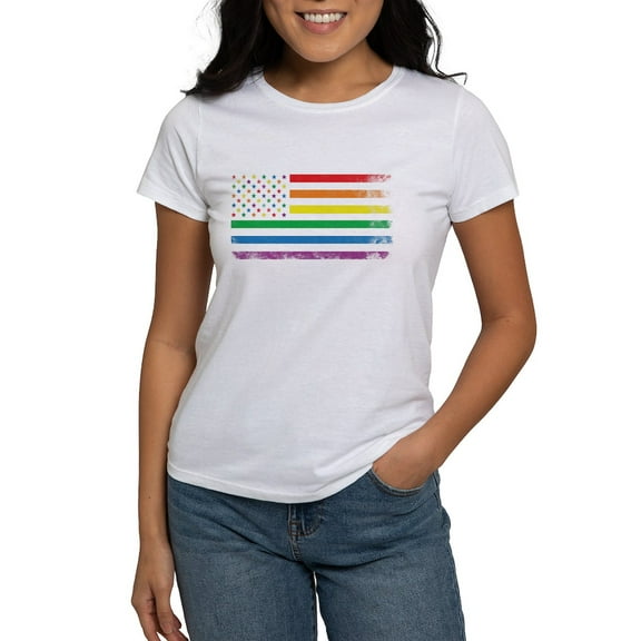 CafePress - Rainbow American Flag T Shirt - Women's Classic T-Shirt