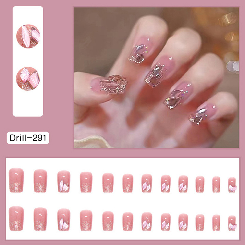 24Pcs Glossy Pink False Nails Glitter Diamond Fake Nails For Women And ...