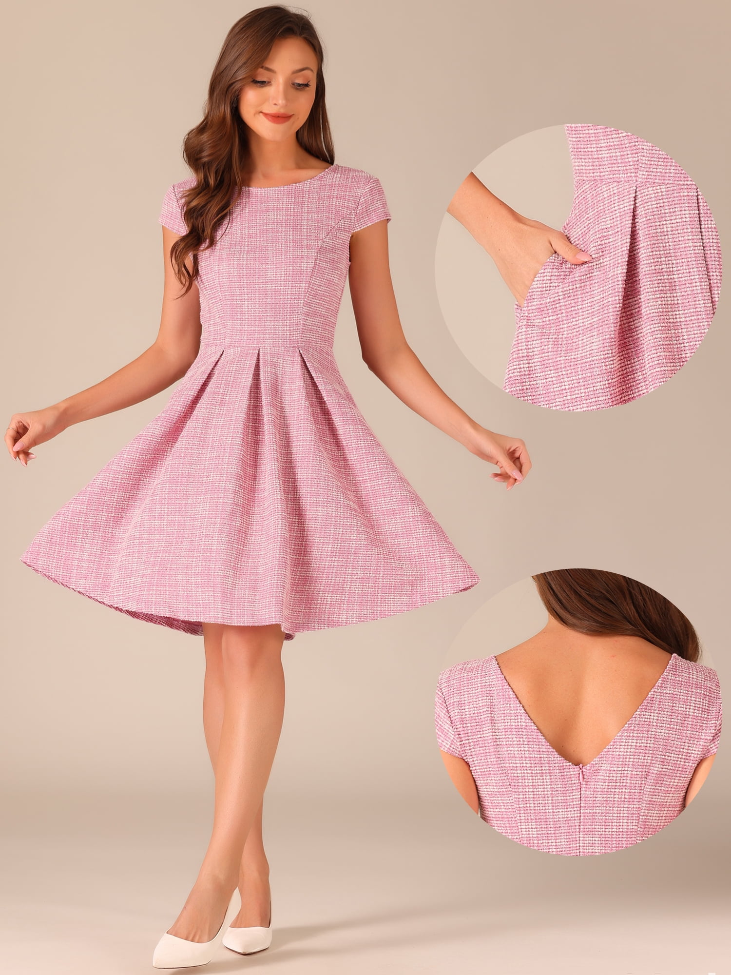 DARING DIVA Women's Tweed Cap Sleeve A Line Vintage Pleated Dresses M White Pink
