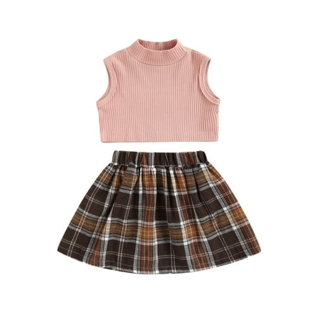

Nokpsedcb Toddler Kids Baby Girls Summer 2Pcs Clothes Sets Sleeveless Vest Crop Tops Elasttic Waist Plaid Skirts Pink 1-2 Years