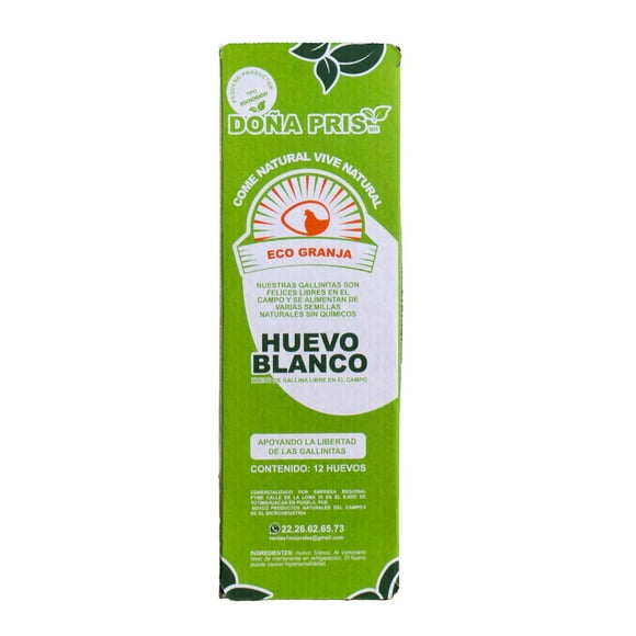 Huevo blanco Doña Pris de gallina libre pastoreo 12 pzas