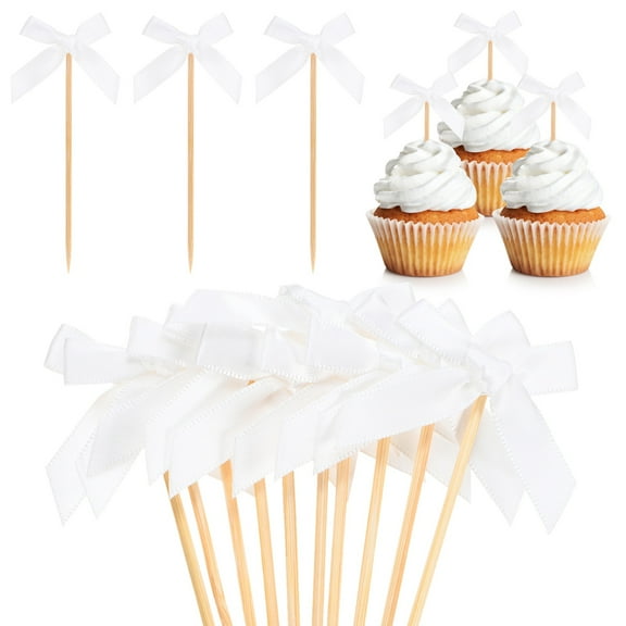 Uxcell 30-Pack Bow Cupcake Toppers, Ribbon Bow Cake Toppers Bowknot Cupcake Picks Birthday Cake Decor for Bridal Shower [White]