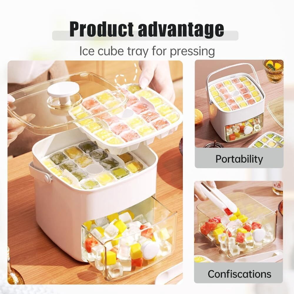 48 Ice Cube Maker with Easy Press Lid,Double Layer Portable Ice Cube Trays for Freezer with Lid and Bin, Ice Cube Mold Maker for Whiskey, Cocktail and Coffee Beverages