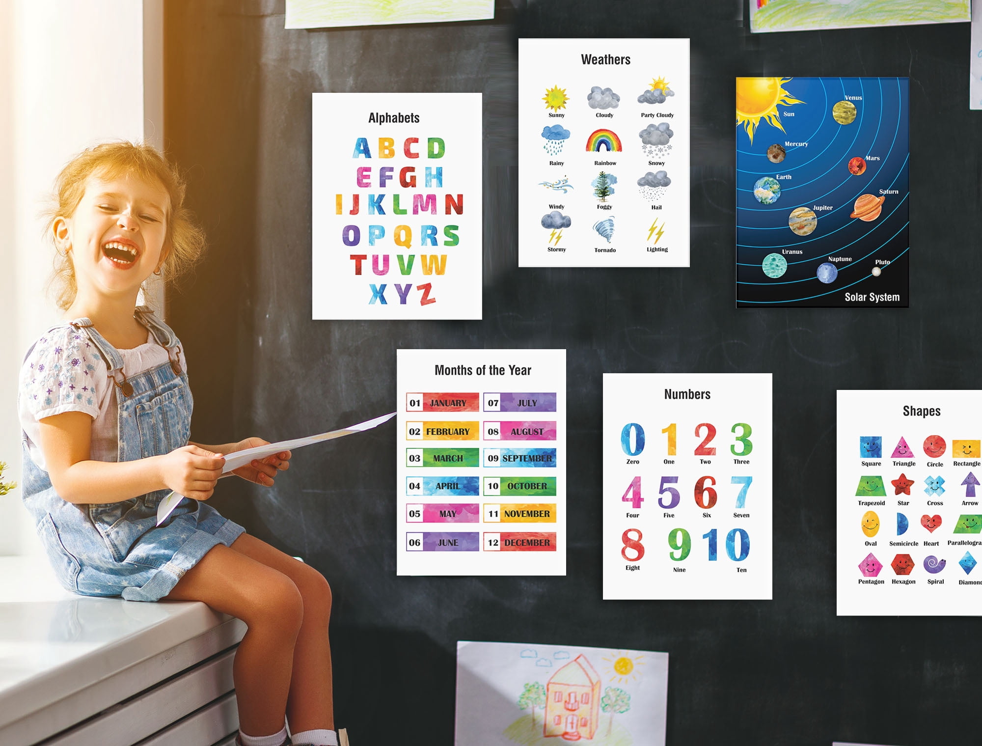 Traceease 10 Educational Posters for Classroom Decor & Kindergarten Homeschool Supplies Baby, Laminated Preschool Learning Chart Materials - Alphabet, Numbers, Shapes,Feelings, Solar System