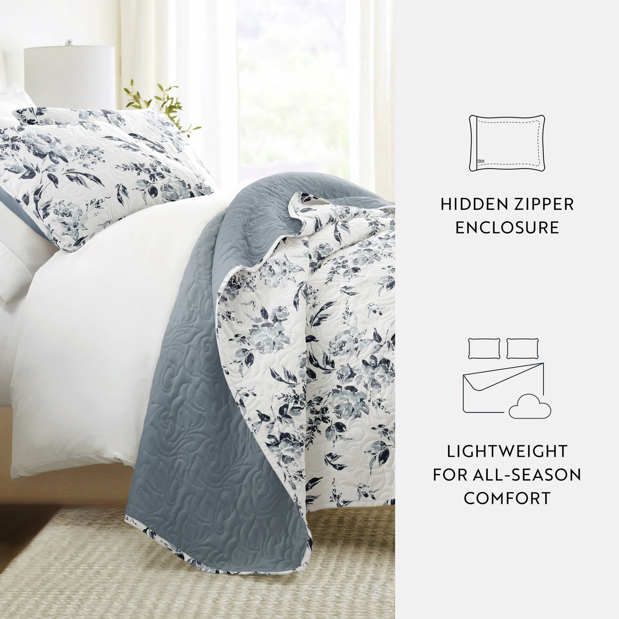 Noble Linens 3-Piece Light Blue Rose Garden Reversible Quilt Set, King