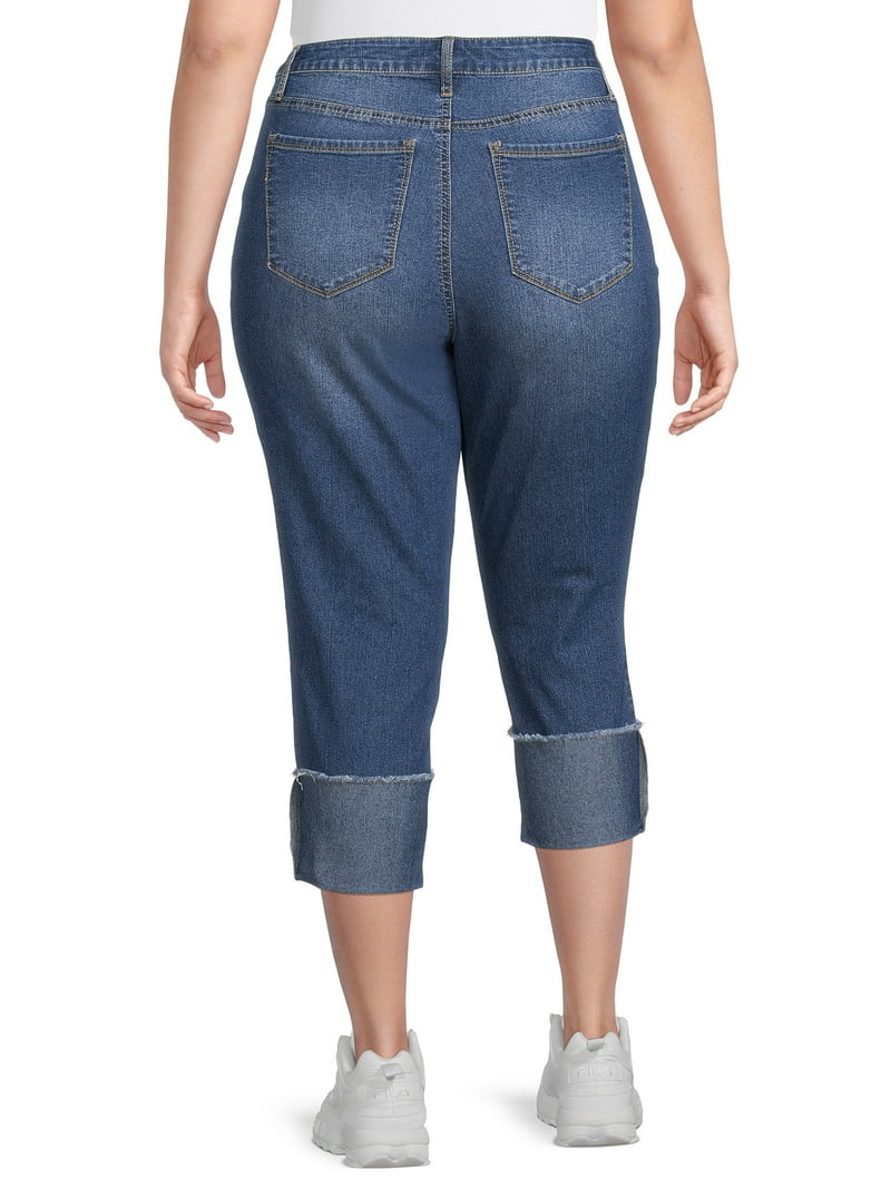 A3 Denim Women's Plus Size Roll Cuff Capri Jeans