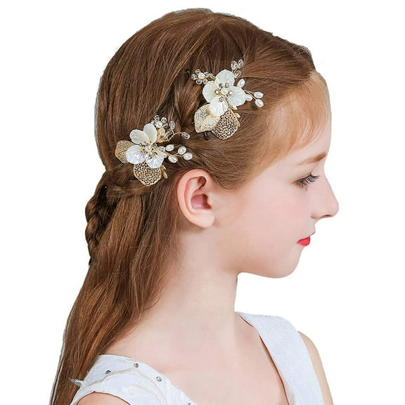 CFIOZYOS Flower Girl Hair Pins Bride Pearl Hair Piece Crystals Hair Clips Bridal Hair Accessories for Women and Girls Pack of 2 (Gold)