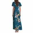thumbnail image 5 of vigerkar Women's Flowy Chiffon Maxi Dress – Floral Print, V-Neck, Short Sleeve with Ruffled Hem & Waist Tie, Boho Beach Dress Navy, 3XL, 5 of 7