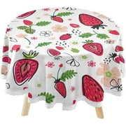 SKYSONIC Summer Strawberries Round Tablecloth 60inch Indoor Wrinkle Free, Cartoon Flowers Leafs Circular Lace Table Cover Washable for Kitchen Party BBQ Dining Decor