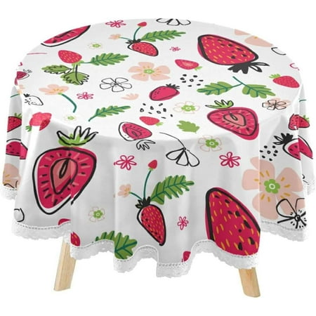 SKYSONIC Summer Strawberries Round Tablecloth 60inch Indoor Wrinkle Free, Cartoon Flowers Leafs Circular Lace Table Cover Washable for Kitchen Party BBQ Dining Decor