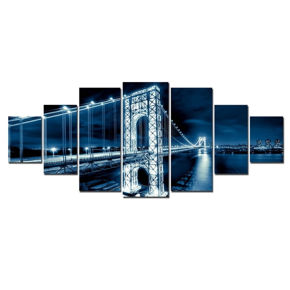 Startonight Huge Canvas Wall Art Blue Bridge , USA Large Home Decor, Dual View Surprise Artwork Modern Framed Wall Art Set of 7 Panels Total 39.37 x 94.49 inch