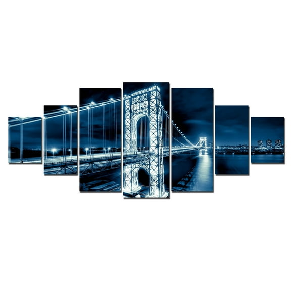 Startonight Huge Canvas Wall Art Blue Bridge , USA Large Home Decor, Dual View Surprise Artwork Modern Framed Wall Art Set of 7 Panels Total 39.37 x 94.49 inch