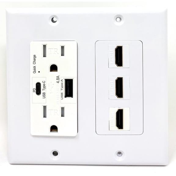 RiteAV USB Charger Outlet 15A/125V with USB Type-A/USB Type-C Charging Ports and 3 x HDMI Decorative White Wall Plate