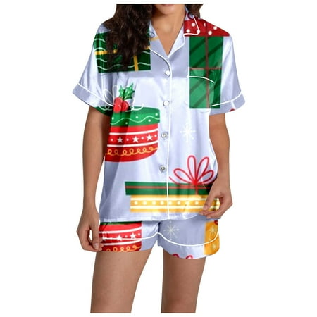 JIANJIA Womens Pajama Sets Christmas Cartoon Print Silk Satin Lapel Short Sleeve Tops With Shorts Sleepwear Homewear