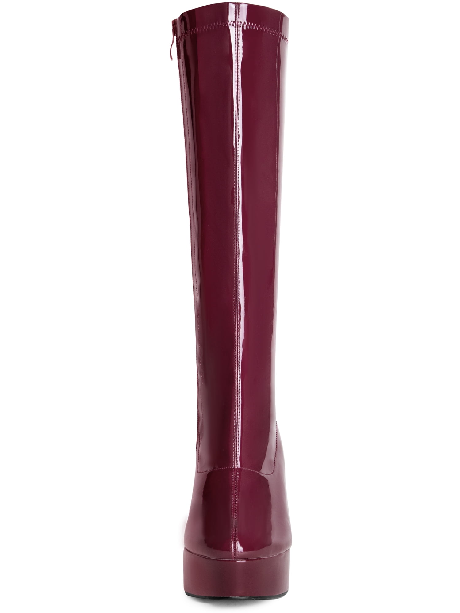 DARING DIVA Women's Patent Leather Platform Chunky Heel Knee High Boots Burgundy 8