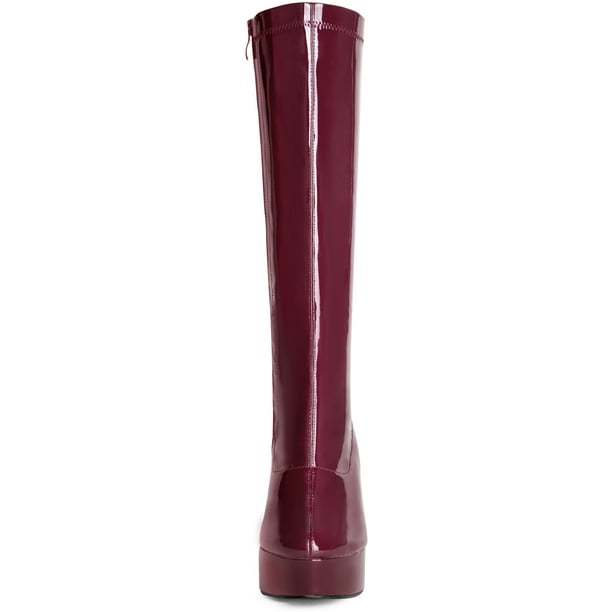 Allegra K Women's Over-The-Knee Boots - Burgundy Platform Block Heel, Side Zip (Size 6 M US)