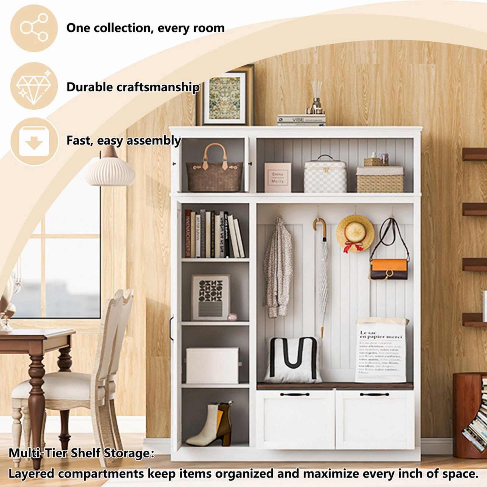 3-in-1 Hall Tree with Storage Cabinet and Adjustable Side Shelves, Entryway Coat Rack with 4 Hooks, Mudroom Bench with 2 Drawers for Mudroom, Hallway, Living Room