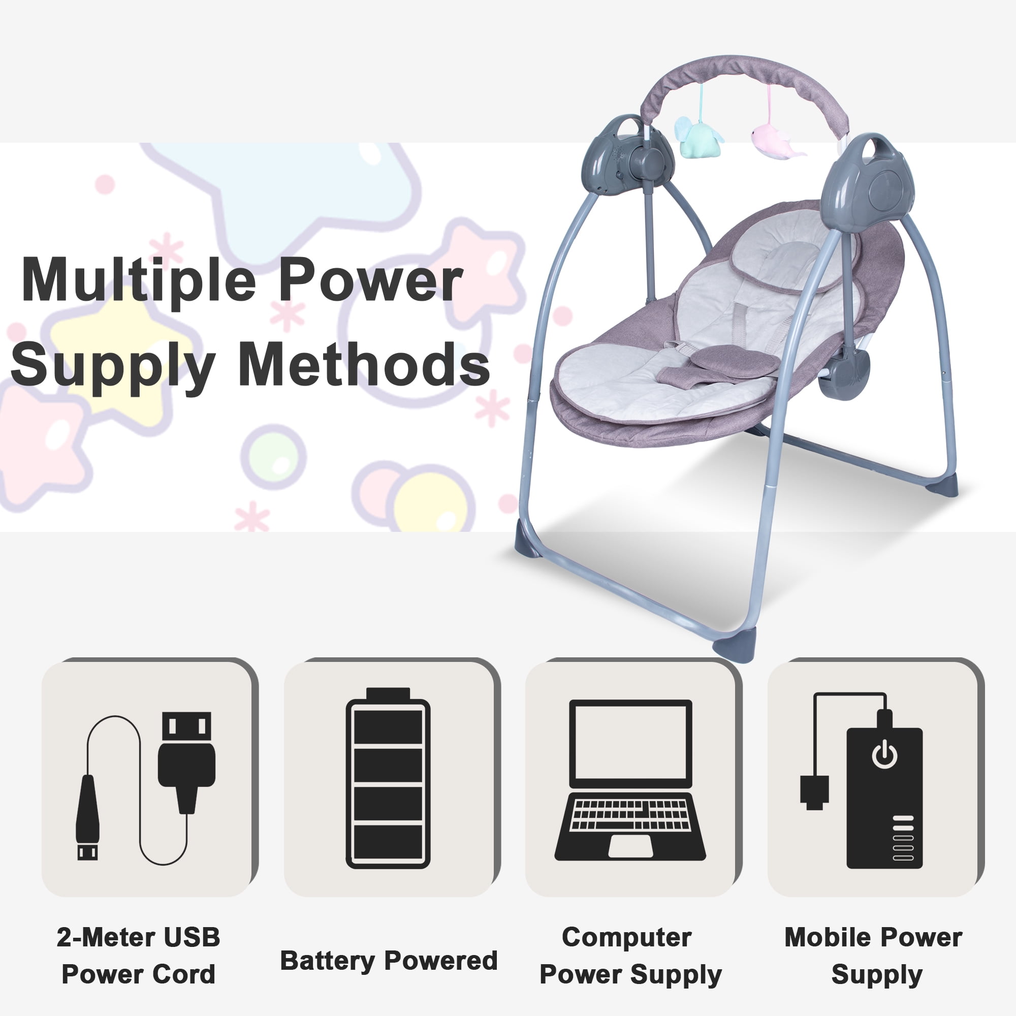 Yabanana Baby Swing with 5-Point Safety Harness, Bluetooth Control,5-Swing Speeds Settings & 3 Timing, Remote Control,(Gray)