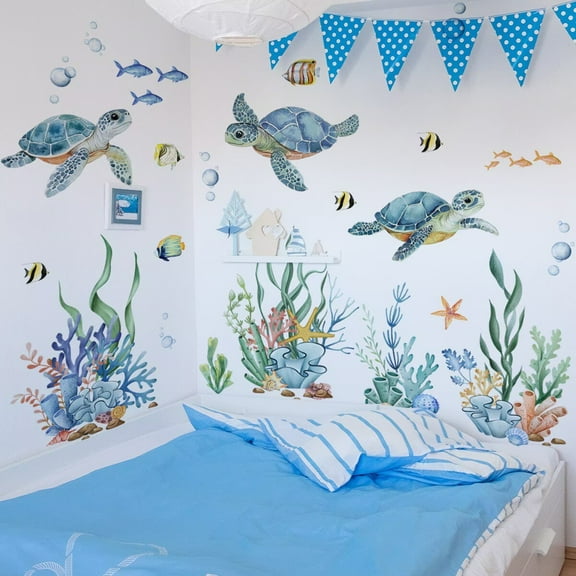 Ocean Seaweed Grass Wall Stickers Turtle Under The Sea Peel and Stick Wall Art Decals for Baby Nursery Kids Bedroom Bathroom