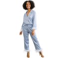 thumbnail image 2 of Belles Design Womens Feather Trim Silk Satin Pajama Button Down Long Sleeve and Pants Set Sleepwear Loungewear S To XXL, 2 of 7