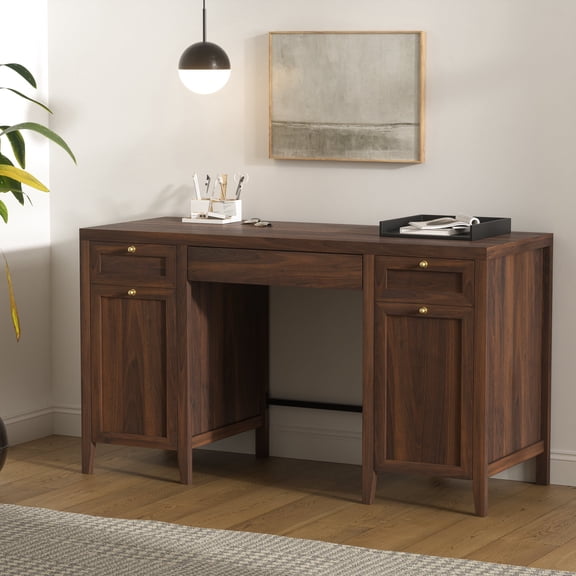 Joyyskill 52" Executive Desk with Storage Drawer, Farmhouse Home Office Desk with Storage Cabinet Wood Computer Writing Desk, Brown