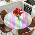 thumbnail image 2 of Pink Aqua Stripes Round Tablecloth 55-60 Inch Round Fitted Table Cloth with Elastic Edge, Geometric Yellow Geometric Waterproof Table Cover Protector for Outdoor Picnic Party Dining, 2 of 6
