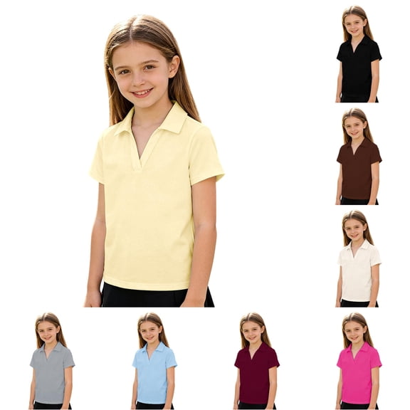 CUZIBR Girls V Neck Short Sleeve Polo Shirt Solid Color Collared Casual Uniform Top Basic Back To School Lightweight Breathable Polo Tee For Toddler Kids ,Yellow,13-14 Years