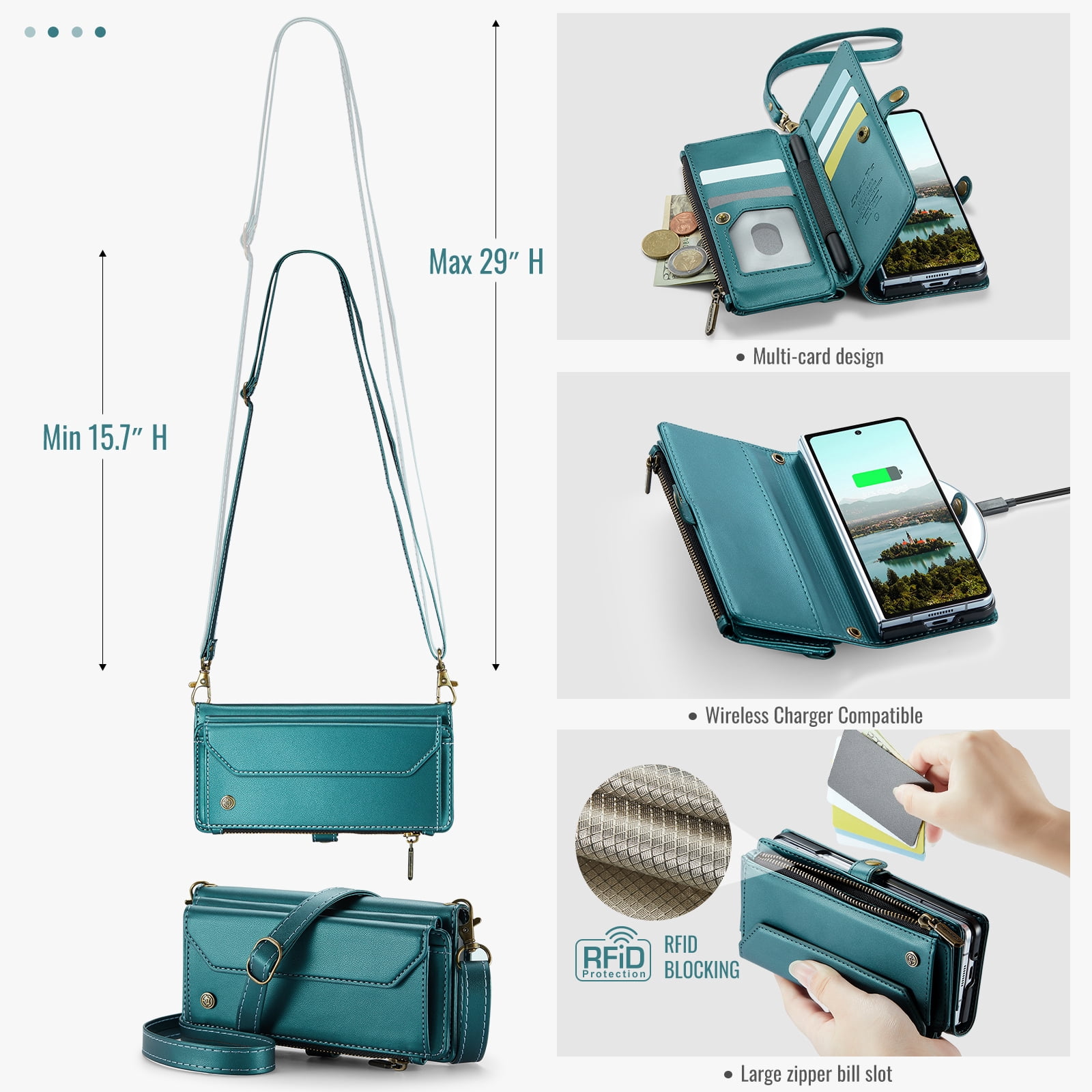 Asuwish Compatible with Samsung Galaxy Z Fold 7 5G 2025 Zipper Wallet Phone Case With pen slot Crossbody Lanyard Strap Flip Card Holder Slot Cell Cover for ZFold7 Z7 G Fold7 7Z Women Girls Green