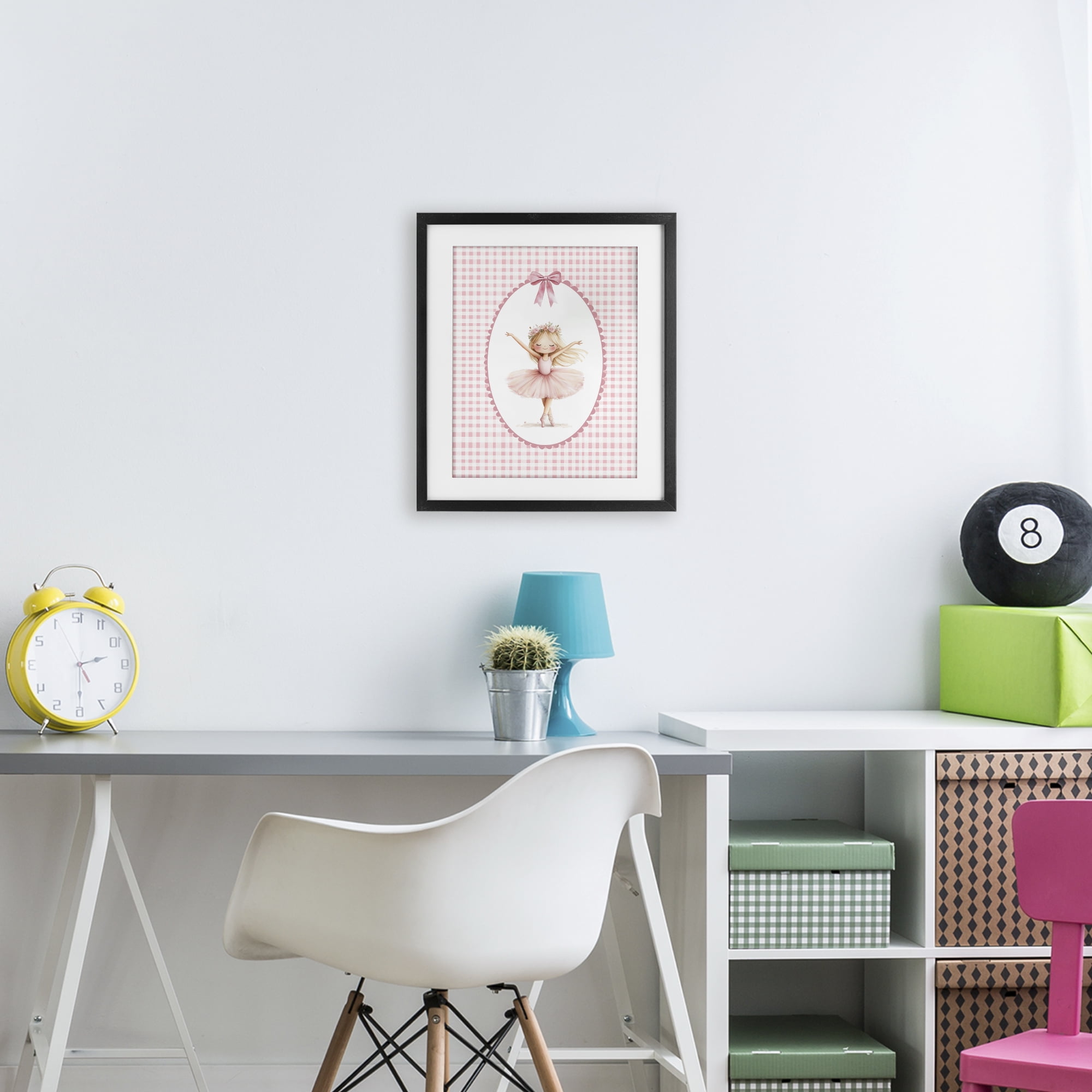 Ballerina on Pink Checkered Black Framed Print Under Glass, design by Christine Simpson Art