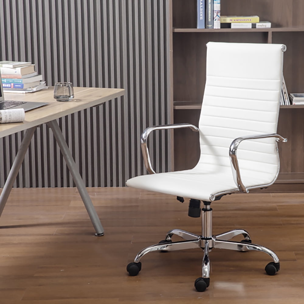 Kepooman Modern Ribbed Adjustable Swivel Rolling Computer Chair with Armrest for Home Office, White Kepooman Modern Ribbed Adjustable Swivel Rolling Computer Chair with Armrest for Home Office, White