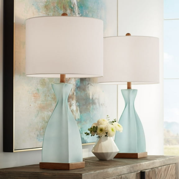 360 Lighting Ryan 28 1/2" Tall Modern Coastal End Table Lamps Set of 2 Ocean Blue Glass Off-White Shade Living Room Bedroom