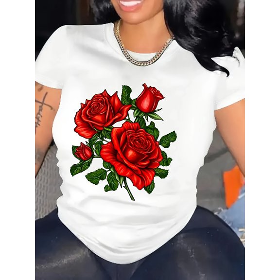 Women's casual, stylish short-sleeved T-shirt featuring a rose print; suitable for all seasons.