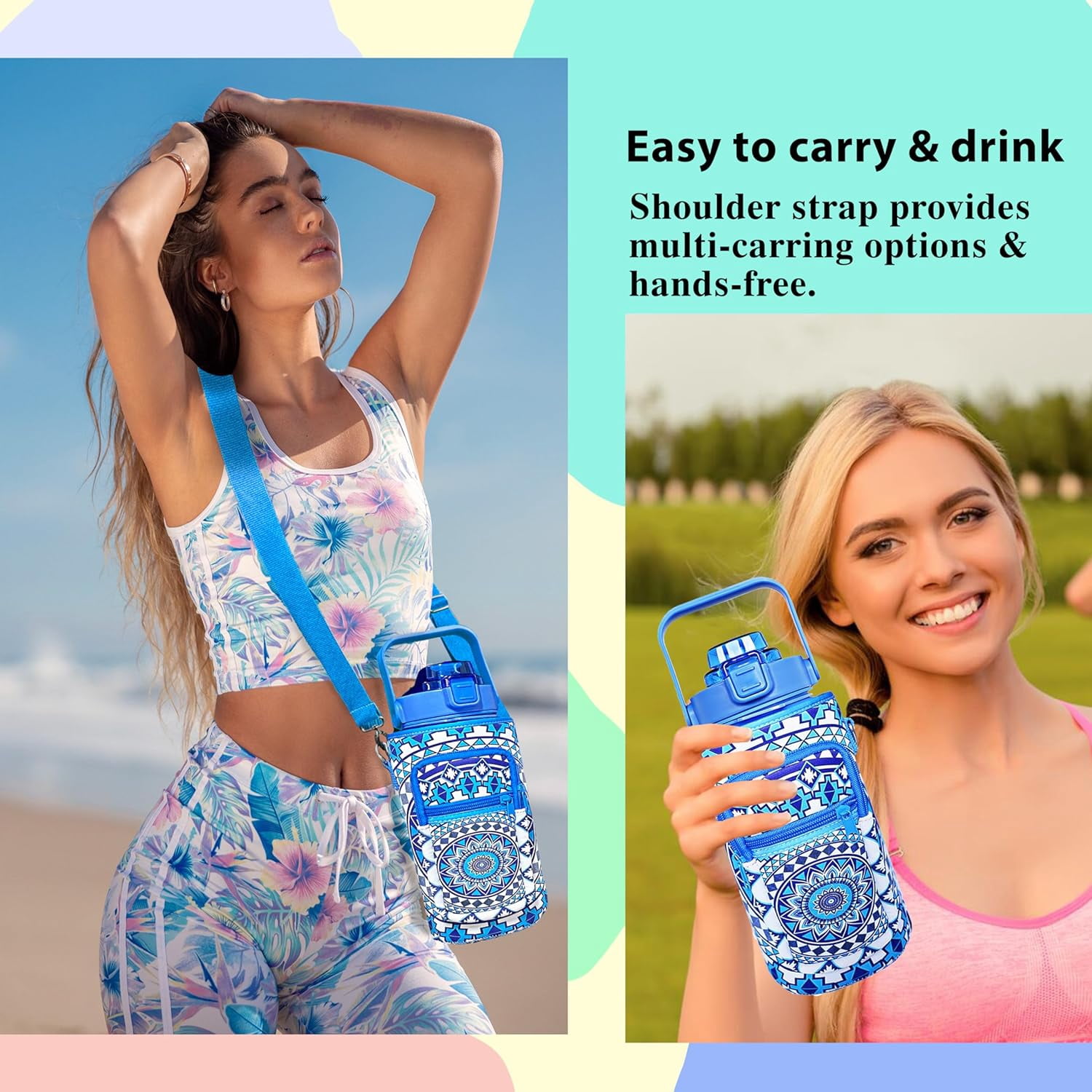 64 oz Water Bottle with Straw Sleeve & Strap Motivational BPA Free Half Gallon Water Jug with Handle for Gym Women Men Aesthetic Water Bottle with Strap Datura