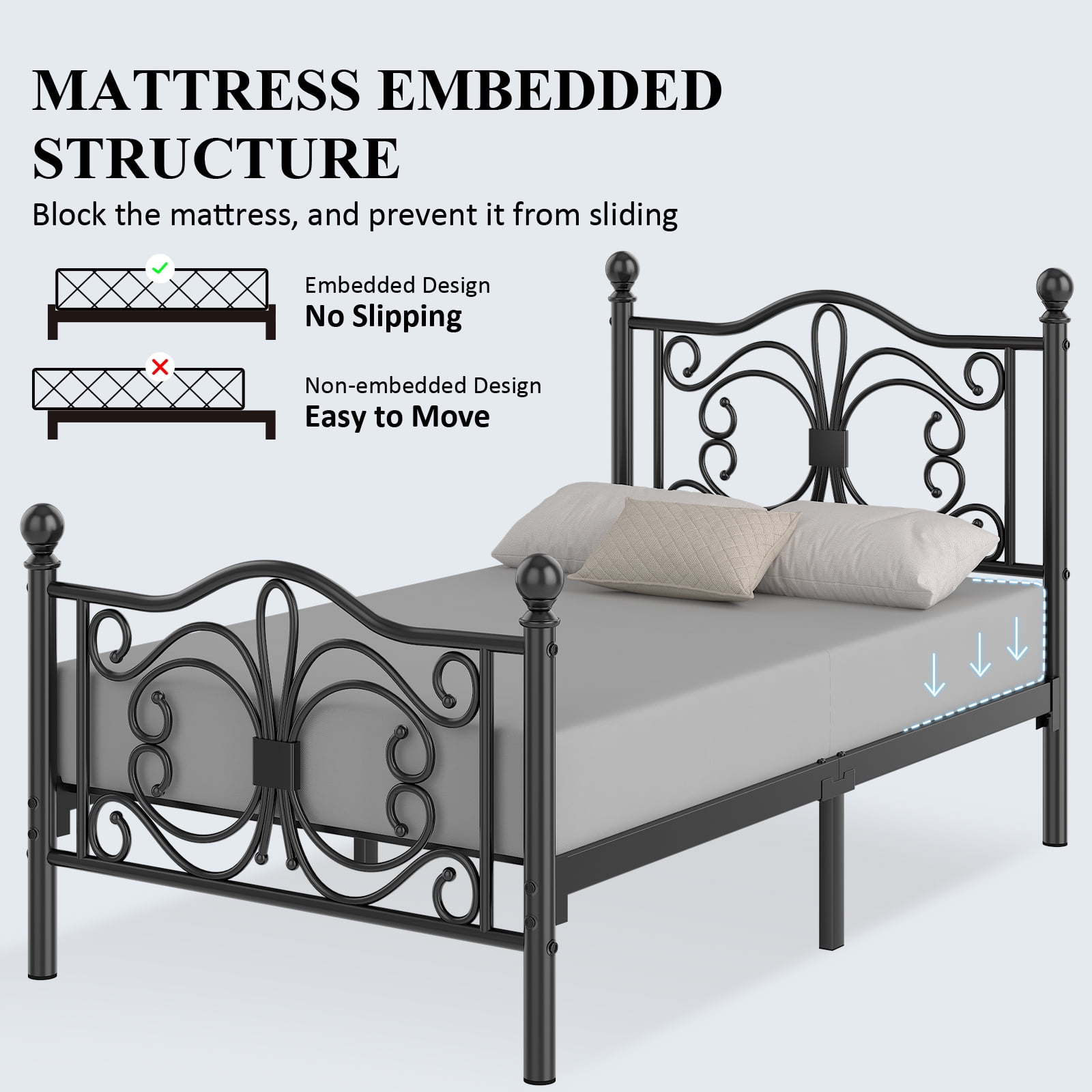 E-motie Metal Platform Bed Frame Twin Size with Butterfly Pattern Vintage Headboard & Footboard, Underbed Storage, Black