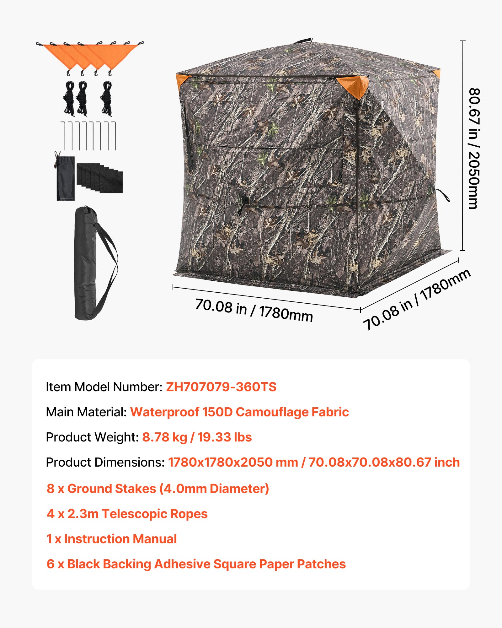 VEVOR Hunting Blind, 4-5 Person See Through Ground Blinds with Carrying Bag, 360 Degree Portable Camouflage Tent, Durable Concealed Shelter with Silent Zipper Door and Window, for Turkey and Deer