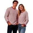thumbnail image 2 of Striped Long Sleeve Shirt Men Crew Neck Color Block Basic Tops Pullover Loose Big and Tall Sweatshirt for Spring Summer Unisex (Deep Red, XL), 2 of 4