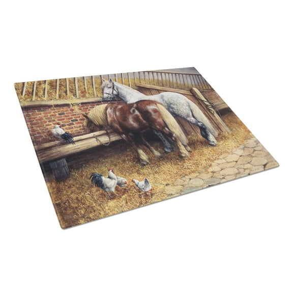 Carolines Treasures BDBA0135LCB Horses Eating with the Chickens Glass Cutting Board Large, 12H x 16W, multicolor