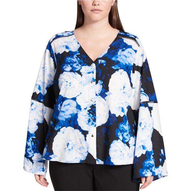Calvin Klein Camisa con botones florales para mujer, Azul, 3X