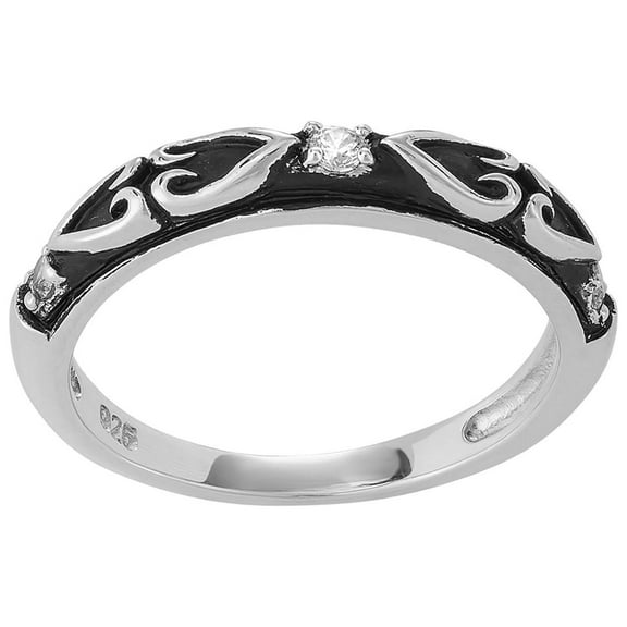 Silverly Women's 925 Sterling Silver Oxidised Tribal Cubic Zirconia Heart Pattern Stackable Ring