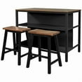 thumbnail image 4 of Solid Wood Rustic 3-piece 45" Stationary Kitchen Island Set with 2 Seatings, Rubber Wood Butcher Block Dining Table Set Prep Table Set with 2 Open Shelves for Small Places,Walnut+Black, 4 of 6