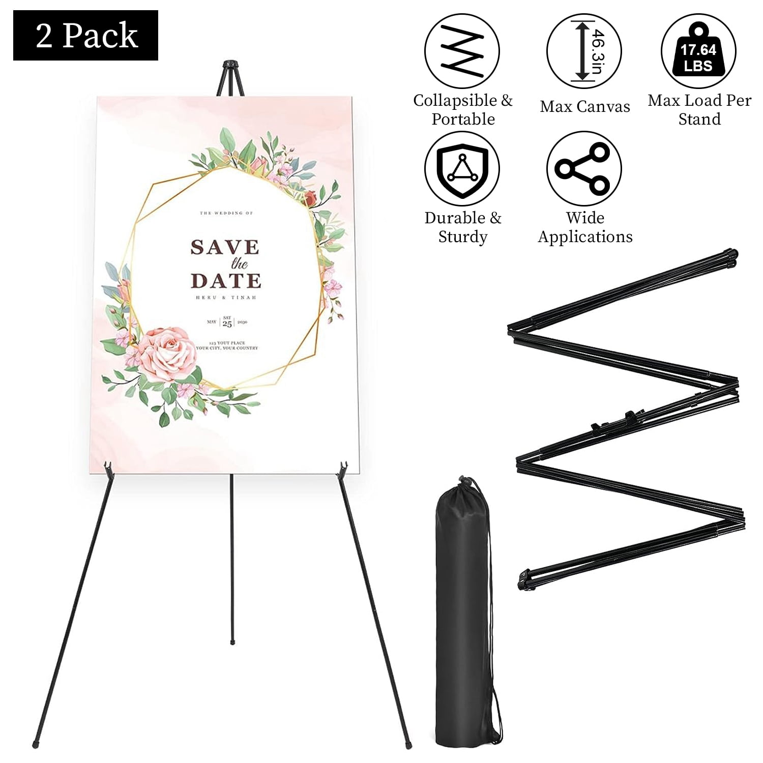 Moclever Easels for Display 61in Easel Stand for Wedding Sign Folding Tripod Easel with 2 Carry Bags for Wedding Poster Art Drawing Meeting 2 Pack, Black