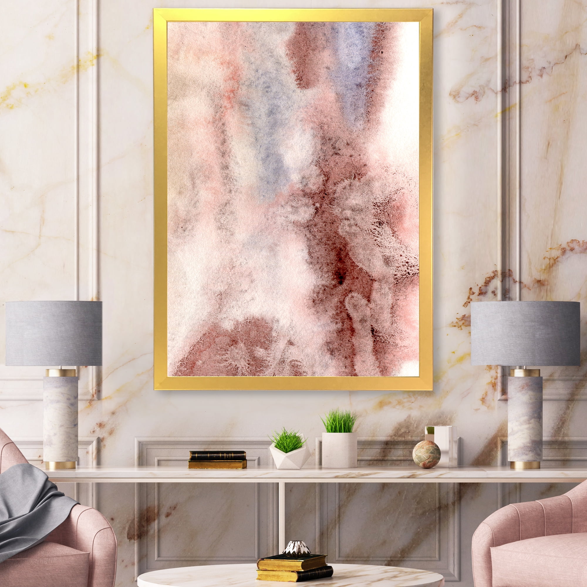 Designart 'Pastel Abstract With Pink Blue and Dark Red Spots' Modern Framed Art Print