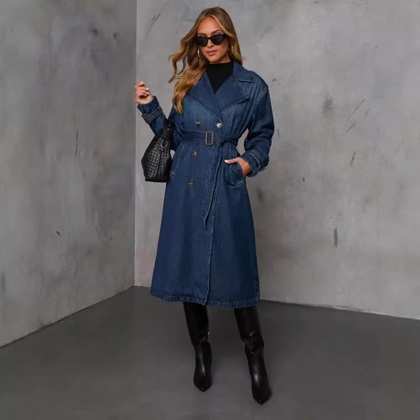 Gabardinas largas de mezclilla para mujer, abrigos vaqueros ajustados con cinturón en la cintura, ropa de calle para primavera y otoño, chaqueta vaquera azul para mujer