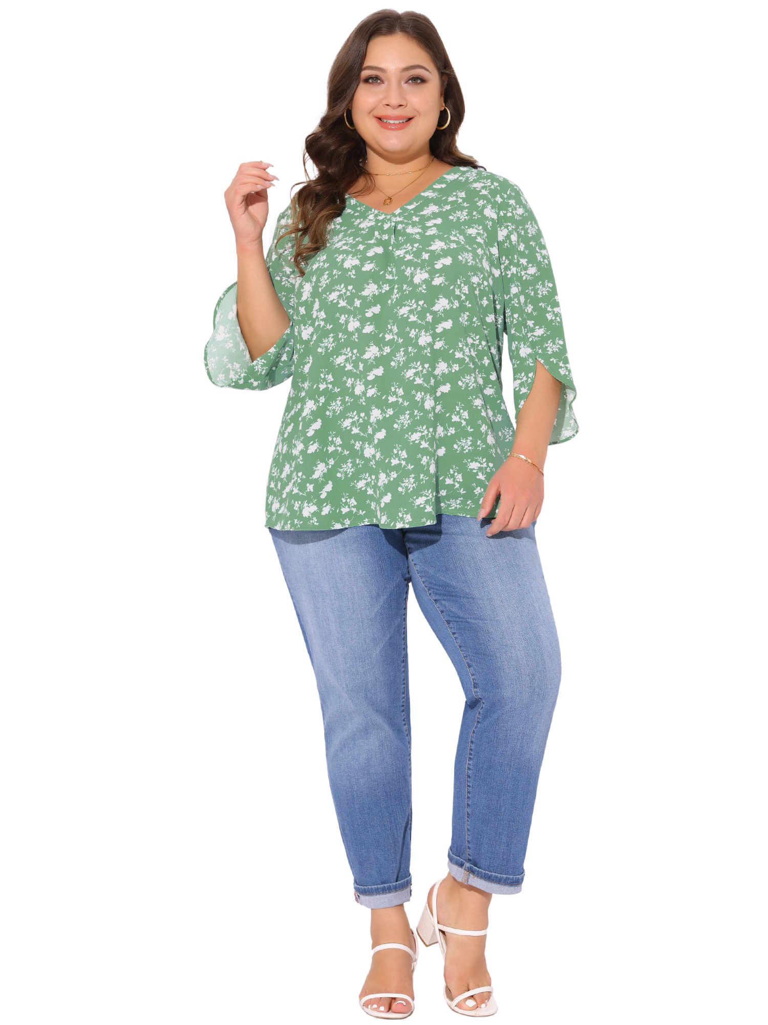 Women's Plus Spring Tops 3/4 Sleeve V Neck Chiffon Work Dressy Casual Shirt 4X Green