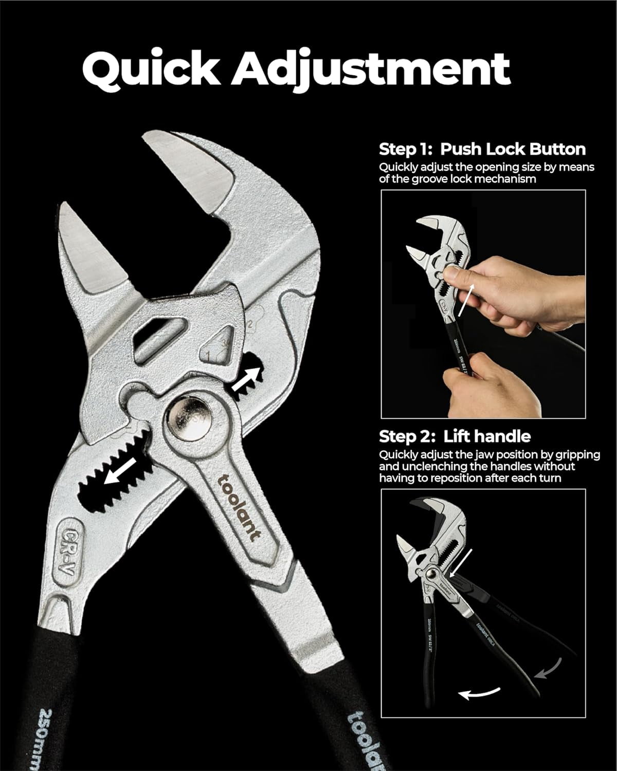 7-Inch Chrome Plated Pliers Wrench, CR-V Adjustable Wrench with Anti-Rust Coating, Smooth Parallel Jaws, Rubber Anti-Slip Grip and Storage Pouch for Home Repair, Plumbing, Nuts, Water Pipes
