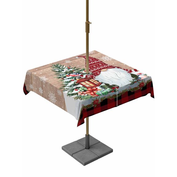 Outdoor Tablecloth with Umbrella Hole and Zipper, Red Plaid Christmas Square Table Cloth 60x60 Inch Waterproof Tablecloth, Gnomes Snowflake Xmas Tree Gifts Picnic Table Cover for Patio Camping