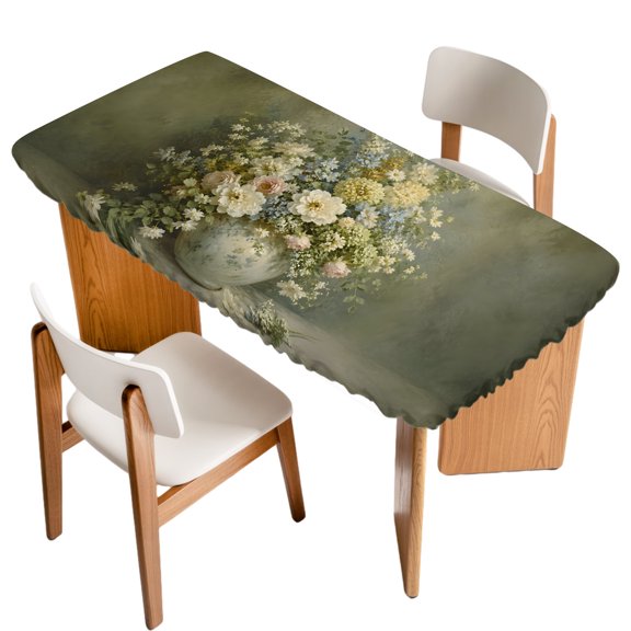 Colorful Flowers Fitted Rectangle Tablecloth 30" x 60" Country Vintage Farmhouse White Blue Pink Floral Elastic Table Cloth Fits for 5 Foot Folding Tables Waterproof Table Cover for Picnic Camping